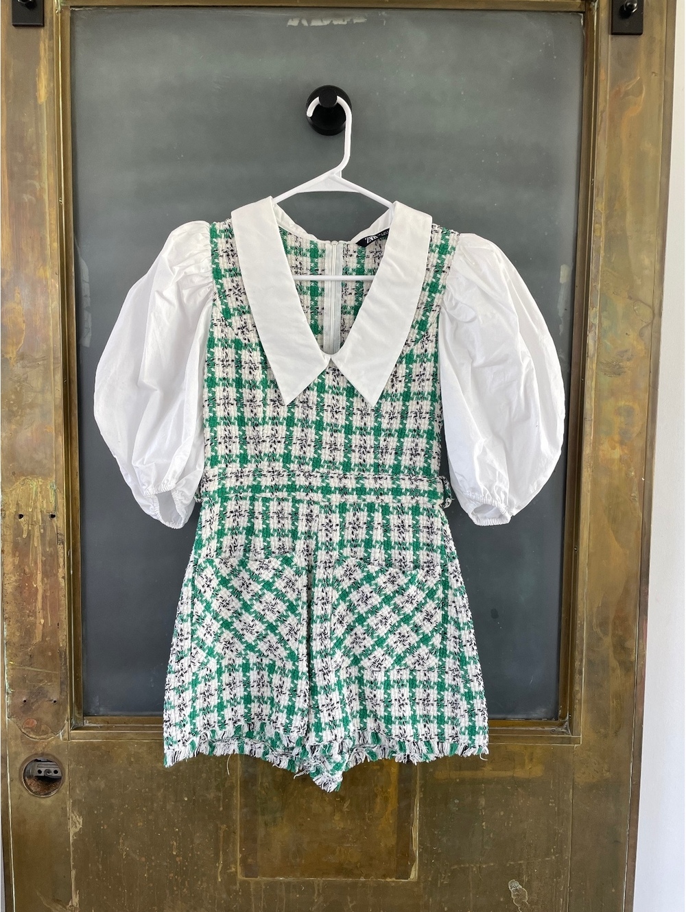 Zara Green Tweed Puff Sleeve Romper Size Small